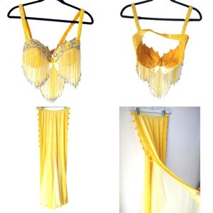 STUNNING Three Piece Handmade Dance Costume, Yellow with sequins and beads, S